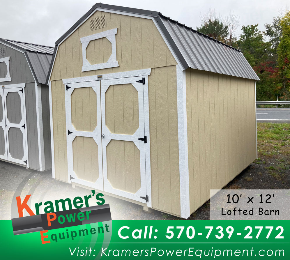 10'x12' Shed Lofted Barn Beige Shelves Loft Metal Roof