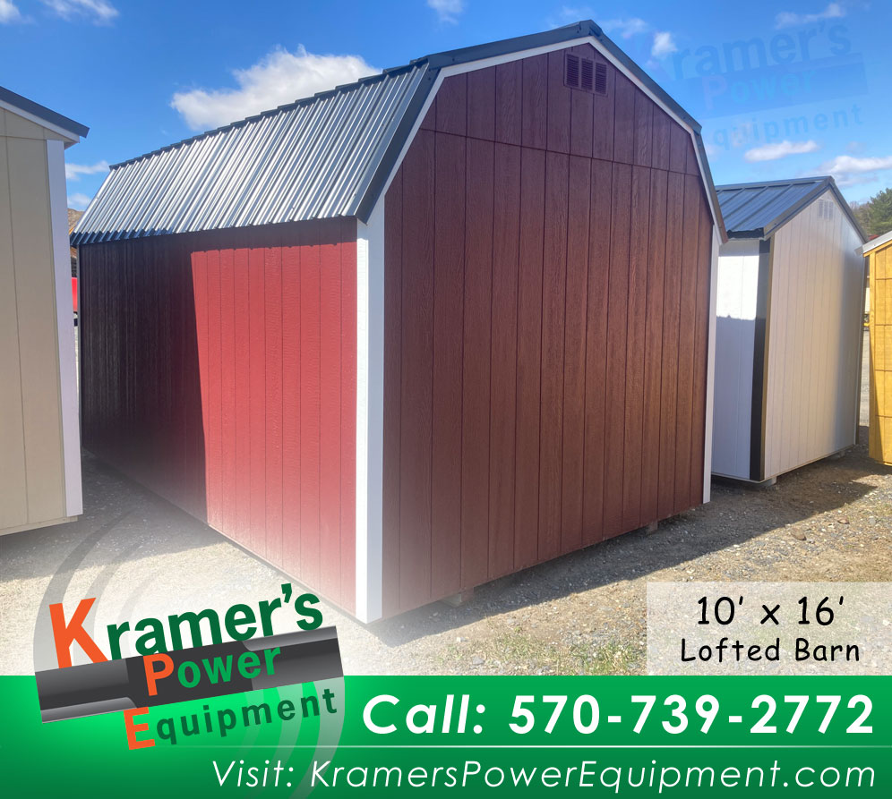 10x16 Quality Shed Pinnacle Red Lofted Barn with Shelves & White Trim For Sale in Schuylkill Haven, PA