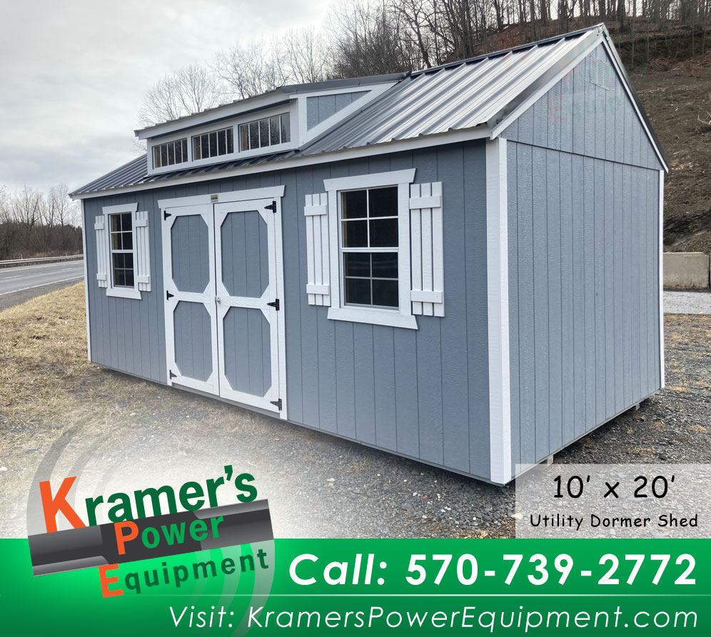 Shed with Dormer & Windows - Gray Shadow Siding Color - Double Doors Storage Building