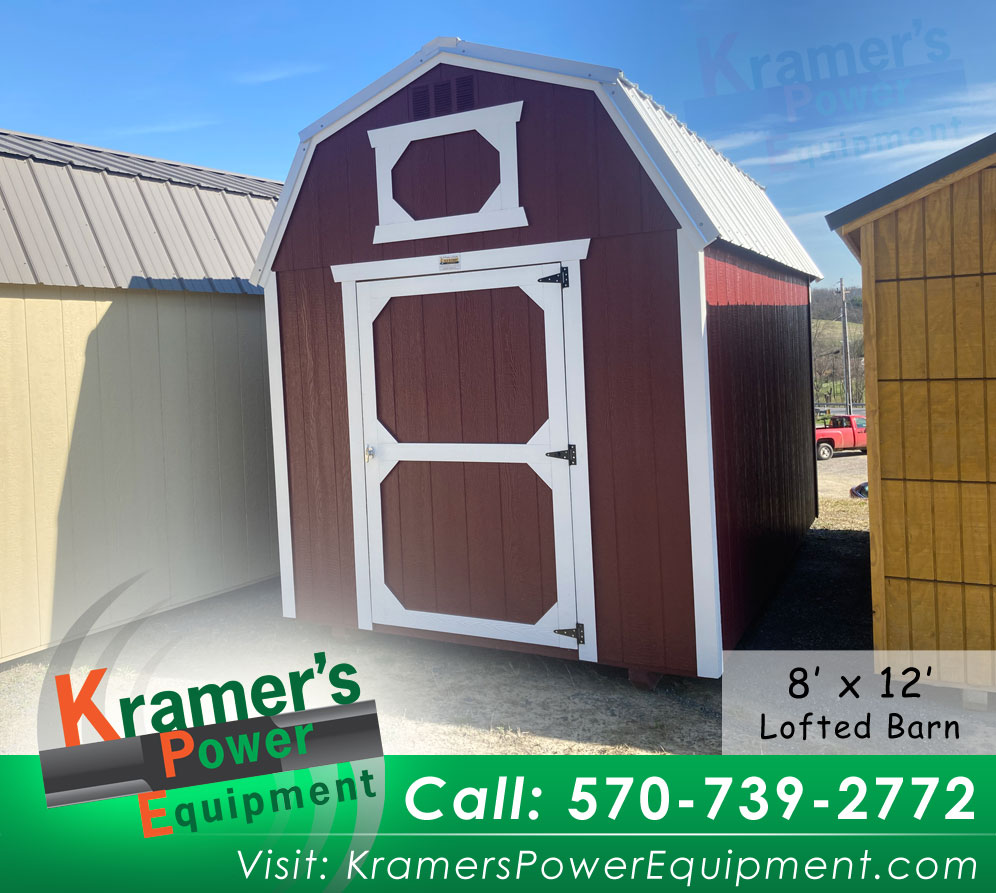 8x12 lofted barn pinnacle red with silver metal roof and white trim