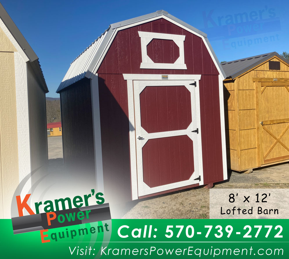 8x12 lofted barn pinnacle red with silver metal roof and white trim