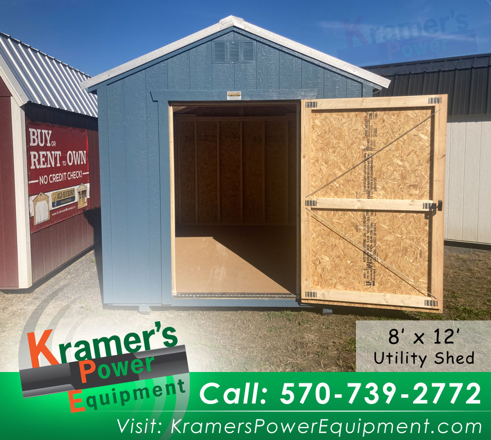 Blue Utility Shed (8' x 12') with four foot door open