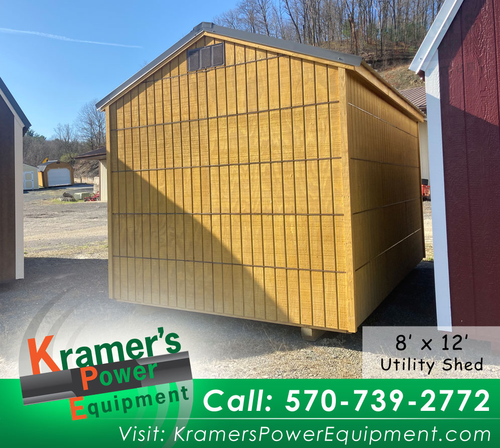 Back of Economy 8'x12' Honey Gold Utility Shed with 4 foot door