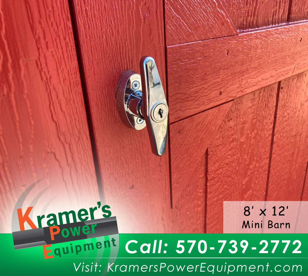 Handle on Door of Red Mini Barn Shed (8'x12')