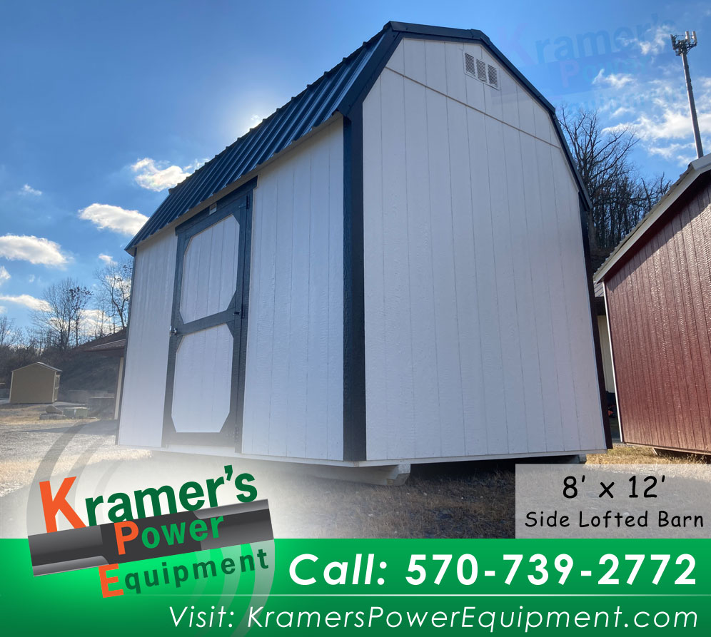 Side Lofted Barn White (8' x 12') with black trim and 4 foot single door