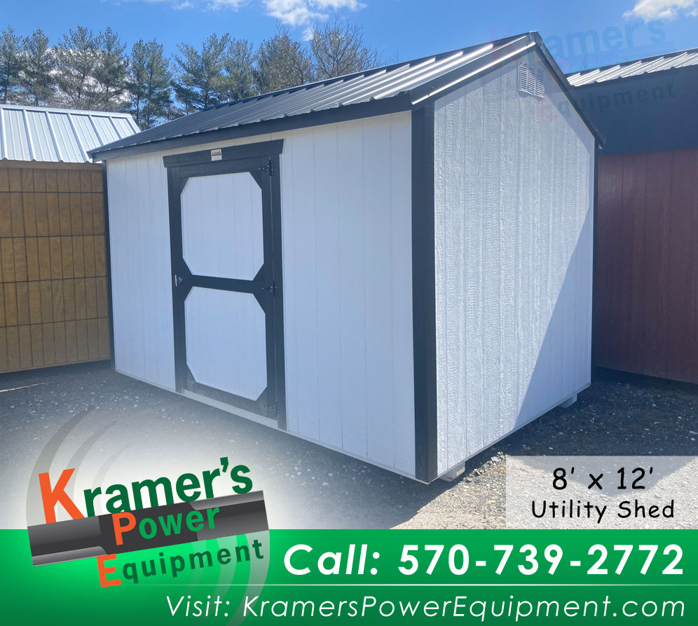 8'x12' Utility White Shed with Single Door & Black Metal Roof