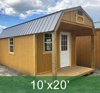 10x20 Lofted Barn Playhouse Shed with Porch Windows Honey Gold Siding Metal Roof