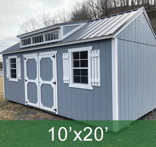 10x20 Shed with Dormer Windows Gray Shadow Siding Color Double Doors Storage Building