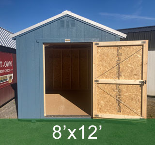 Blue Utility Shed that is 8 foot by 12 foot